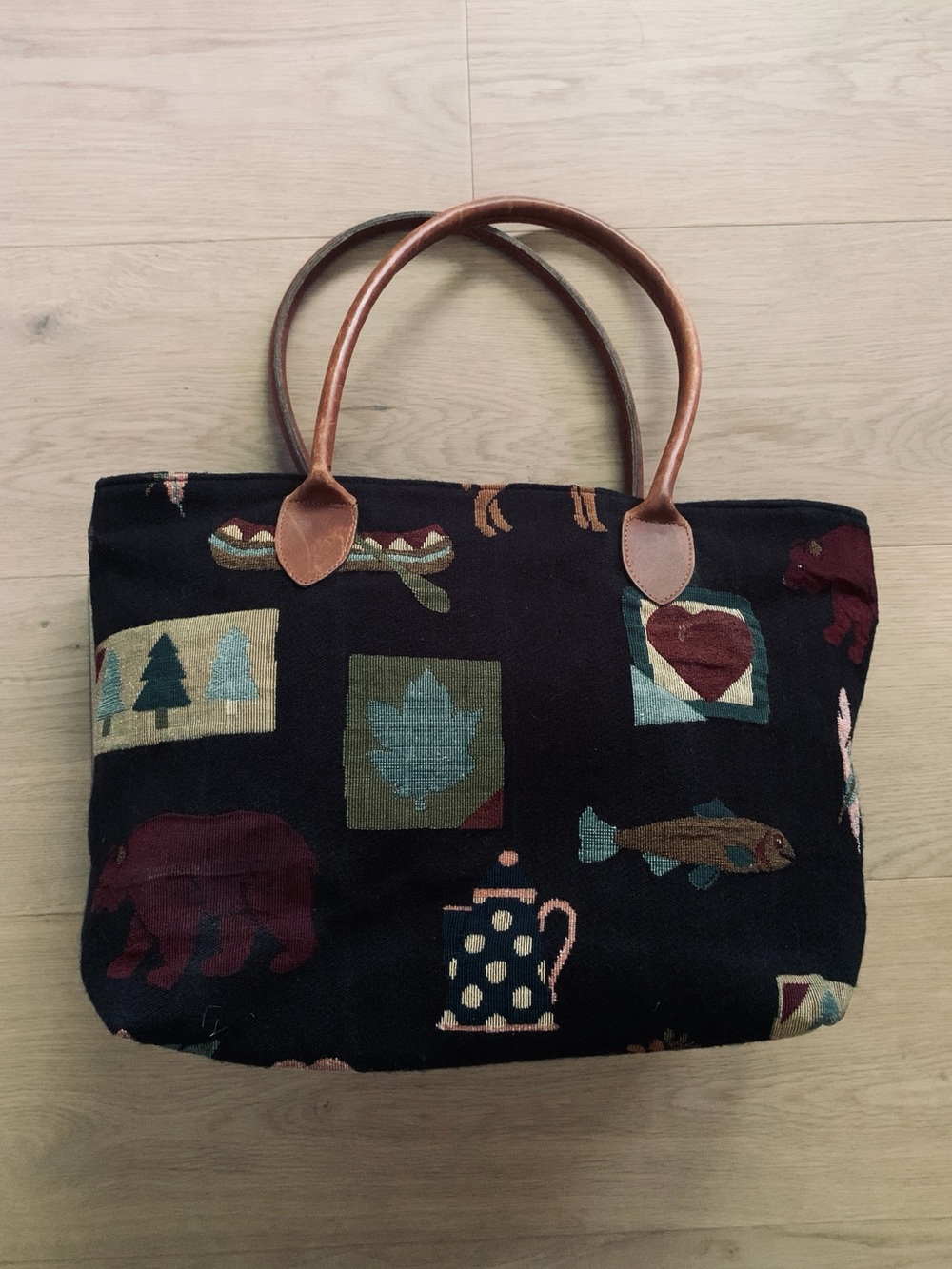 Vintage 90s Orvis Rustic Lodge Tapestry Tote Bag Moose Bear Leather Handles - Picture 7 of 16